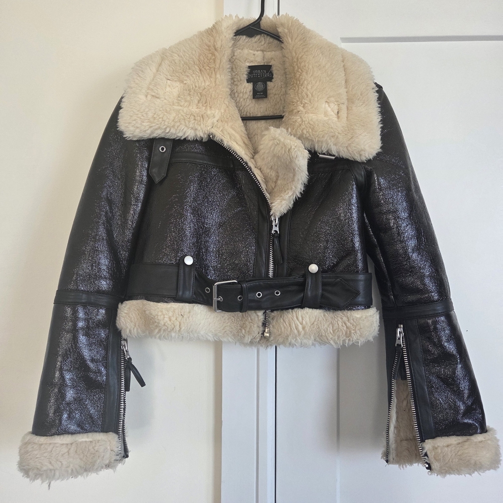 Faux Shearling Lined Dark Chocolate/Black Vinyl Faux Leather Jacket